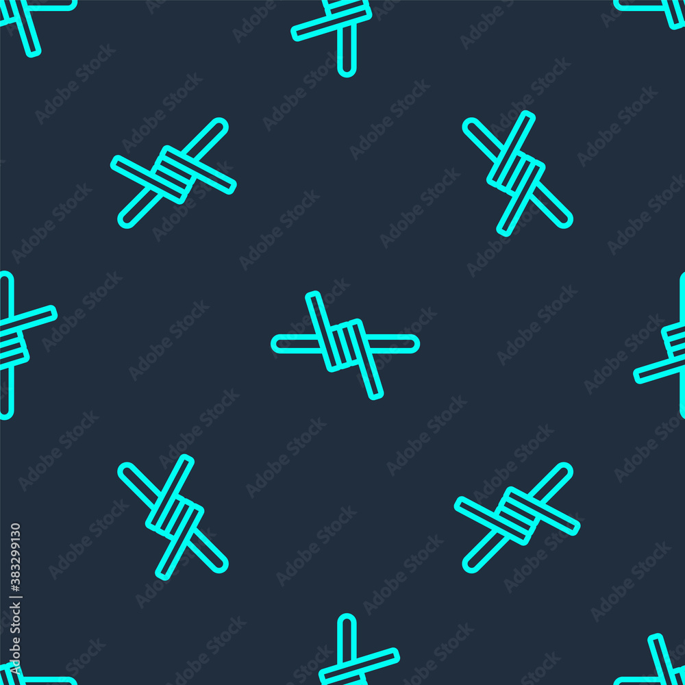 Green line Barbed wire icon isolated seamless pattern on blue background. Vector.