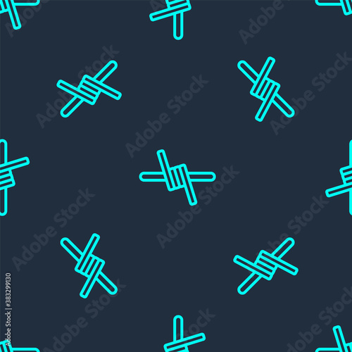 Green line Barbed wire icon isolated seamless pattern on blue background. Vector.