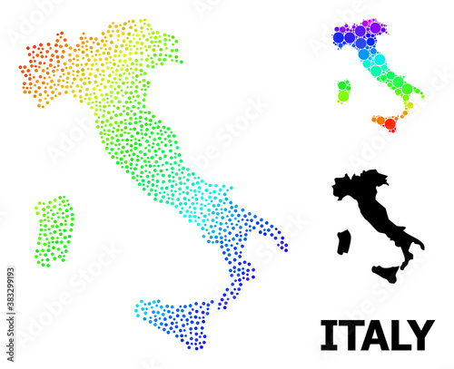 Pixel spectrum, and solid map of Italy, and black caption. Vector model is created from map of Italy with circles. Abstraction is useful for political aims. Spectrum gradiented map of Italy,