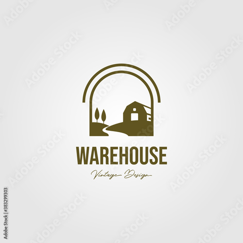 creek and barn logo vector design, vintage warehouse logo design