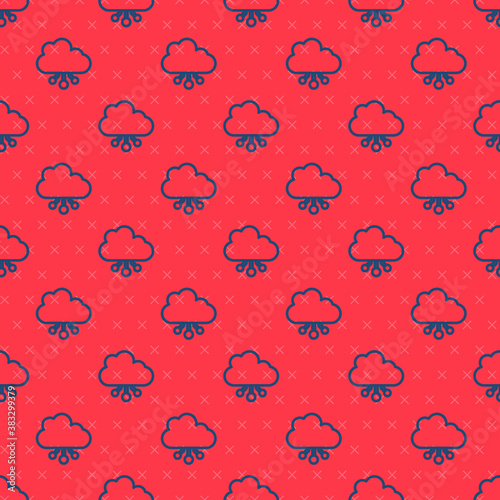 Blue line Cryptocurrency cloud mining icon isolated seamless pattern on red background. Blockchain technology, bitcoin, digital money market, cryptocoin wallet. Vector.