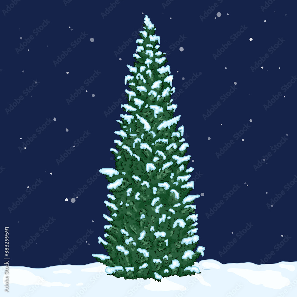 Vector Cartoon Green Pin Tree in Snowy Winter Night Vector Cartoon Green Pin Tree in Snowy Winter Night