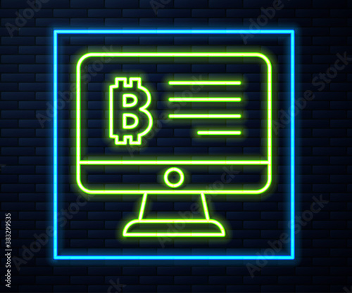 Glowing neon line Mining bitcoin from monitor icon isolated on brick wall background. Cryptocurrency mining, blockchain technology service. Vector.