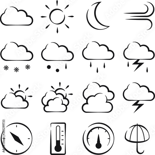 black and white inconsistent weather contour icons with burst, pressure and temperature signs