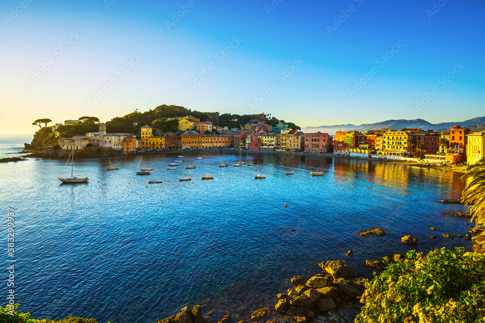 Sestri Levante, silence bay sea harbor and beach view on sunset. Liguria, Italy