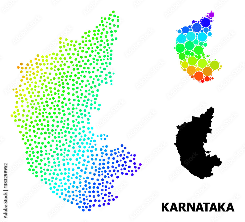 Dotted rainbow gradient, and monochrome map of Karnataka State, and black title. Vector structure is created from map of Karnataka State with round dots. Illustration designed for geographic ads.