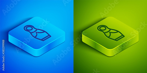 Isometric line Russian doll matryoshka icon isolated on blue and green background. Square button. Vector.