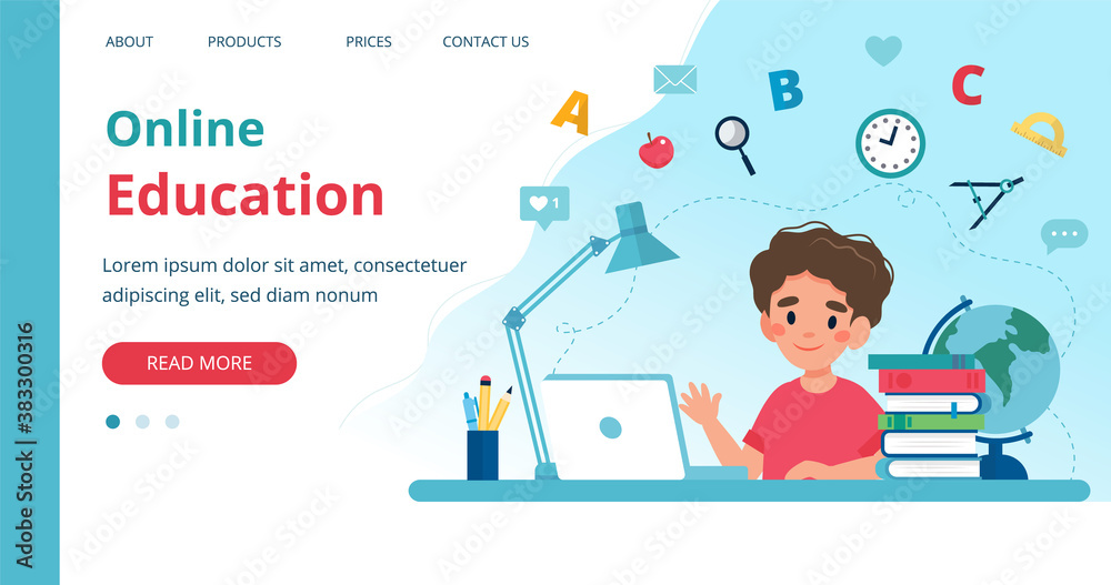 Online learning template with boy studying with computer. illustration in flat style Online learning template with boy studying with computer. illustration in flat style