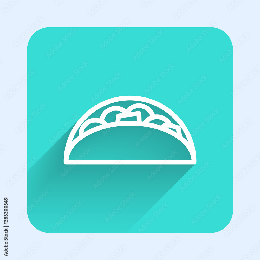 White line Taco with tortilla icon isolated with long shadow. Traditional mexican fast food menu. Green square button. Vector. White line Taco with tortilla icon isolated with long shadow. Traditional mexican fast food menu. Green square button. Vector.