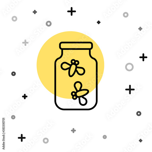 Black line Fireflies bugs in a jar icon isolated on white background. Random dynamic shapes. Vector.