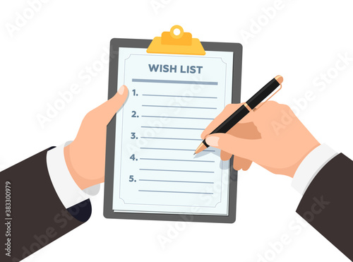 Businessman hands holding clipboard with wish list. Business man with pen writes down wishes on paper wishlist form flat eps vector illustration