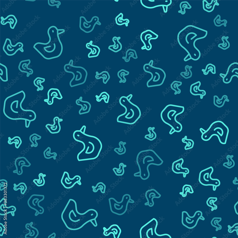 Green line Rubber duck icon isolated seamless pattern on blue background. Vector.