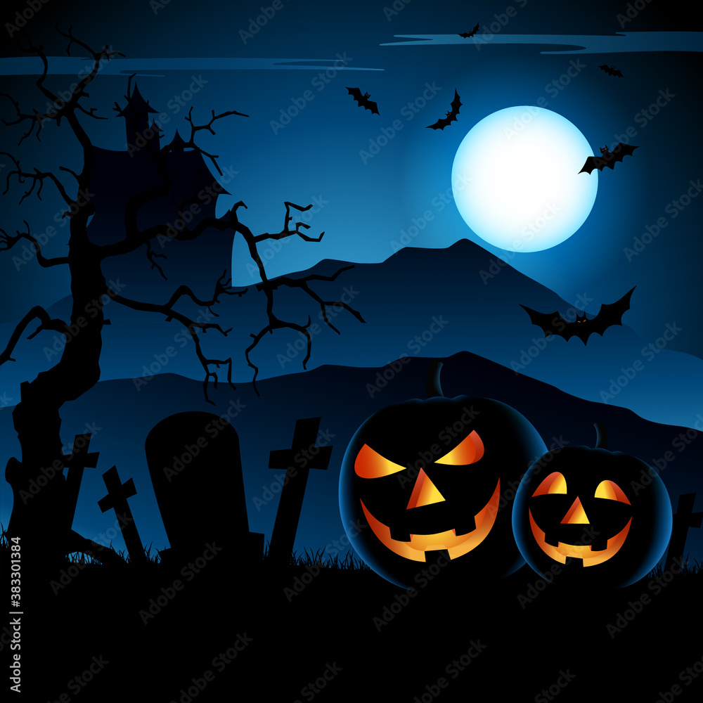 Halloween blue night poster with grinning pumpkins template