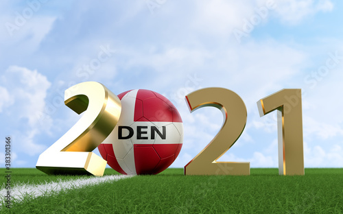 Soccer 2021 - Soccer ball in Denmark flag design on a soccer field. Soccer ball representing the 0 in 2021. 3D Rendering