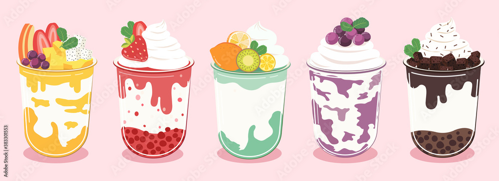 Set of flavored scented milk shake, smoothie. Bottle with straw. Fruits and berries. Vector illustration cartoon flat icon isolated on pink.