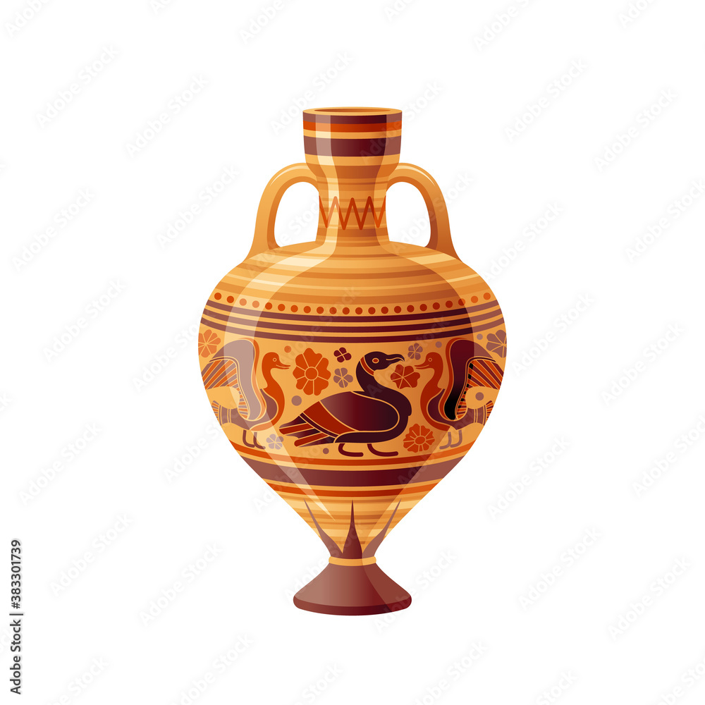 Ancient Greek vase. Pottery vector. Antique jug from Greece. Old clay amphora, pot, urn or jar for wine and olive oil. vintage ceramic icon isolated. Flat cartoon art with ornament decor, duck bird