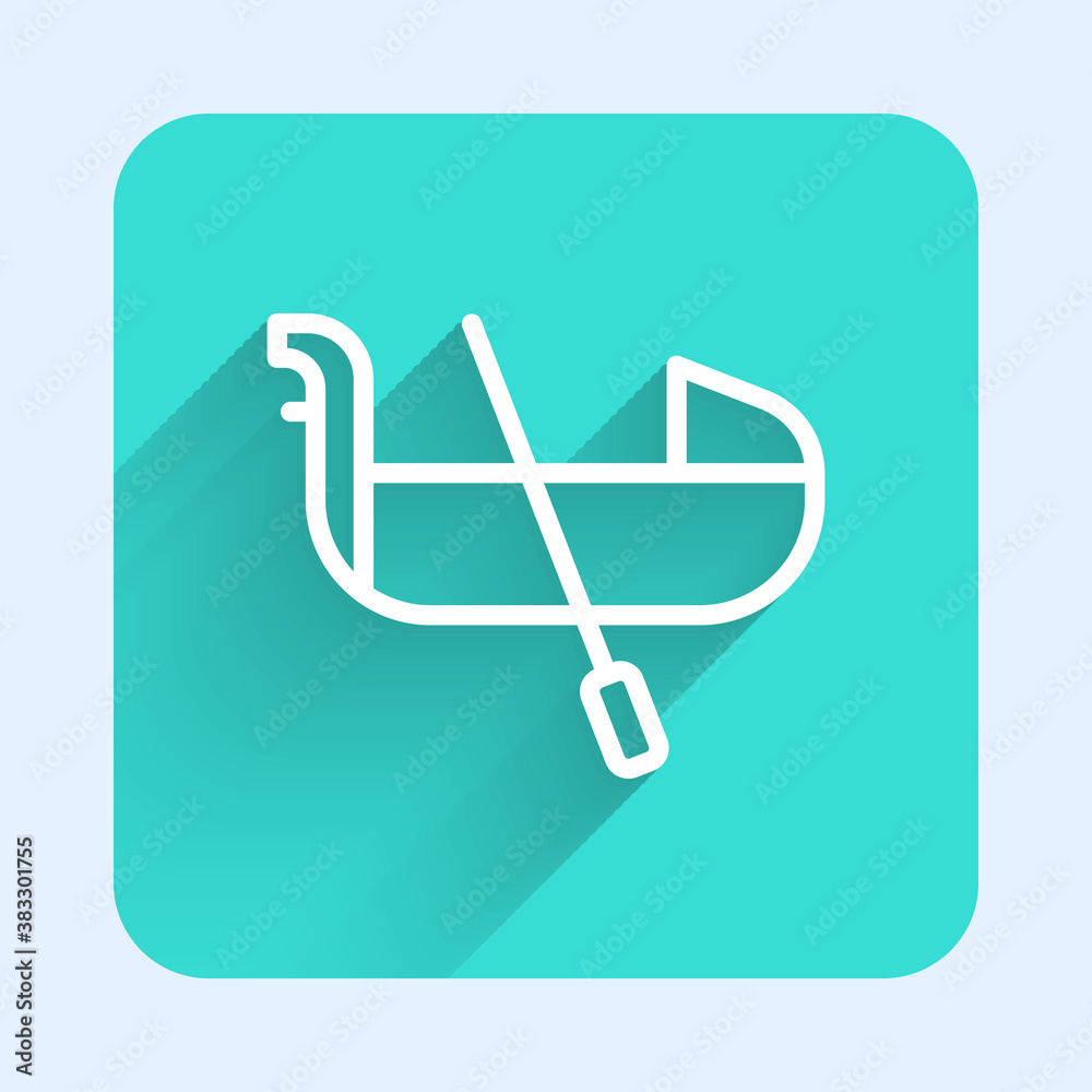 White line Gondola boat italy venice icon isolated with long shadow. Tourism rowing transport romantic. Green square button. Vector. White line Gondola boat italy venice icon isolated with long shadow. Tourism rowing transport romantic. Green square button. Vector.