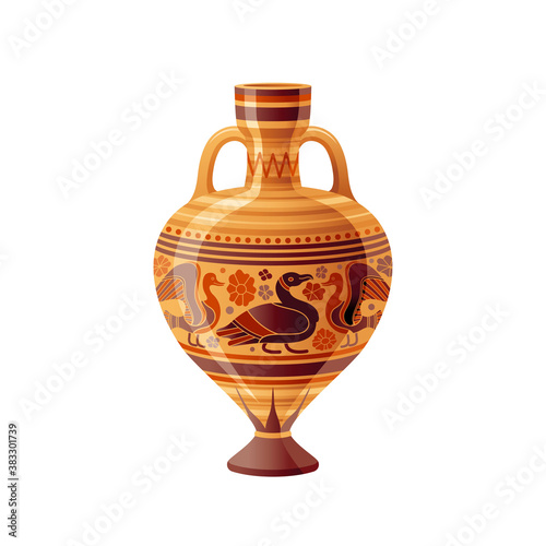 Ancient Greek vase. Pottery vector. Antique jug from Greece. Old clay amphora, pot, urn or jar for wine and olive oil. vintage ceramic icon isolated. Flat cartoon art with ornament decor, duck bird