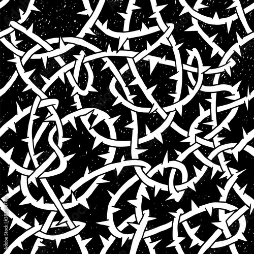 Blackthorn branches with thorns seamless pattern. Horror vector floral black white background.
