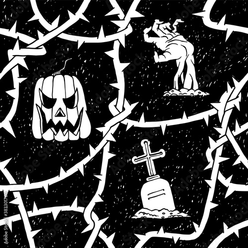 Halloween pumpkin and zombie seamless pattern with blackthorn branches thorns. Horror vector floral black white background.