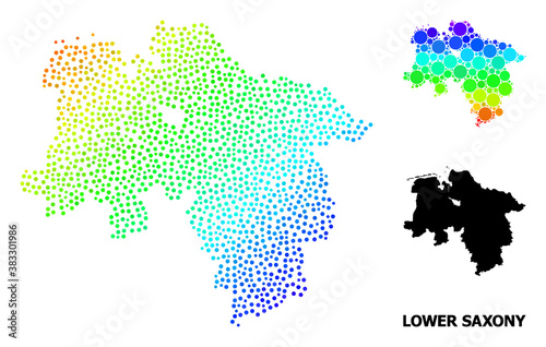 Pixel spectral, and solid map of Lower Saxony State, and black name. Vector model is created from map of Lower Saxony State with spheres. Collage is useful for geographic posters.