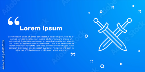 White line Crossed medieval sword icon isolated on blue background. Medieval weapon. Vector.