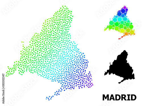 Pixelated spectrum, and monochrome map of Madrid Province, and black name. Vector model is created from map of Madrid Province with round dots. Illustration is useful for geographic posters.