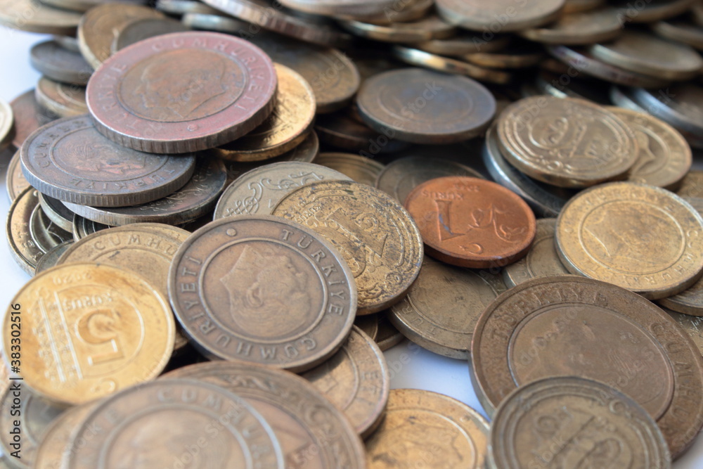 Turkish coins on a white background. Turkish lira. Turkish coins on a white background. Turkish lira.