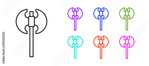 Black line Medieval axe icon isolated on white background. Battle axe, executioner axe. Medieval weapon. Set icons colorful. Vector.