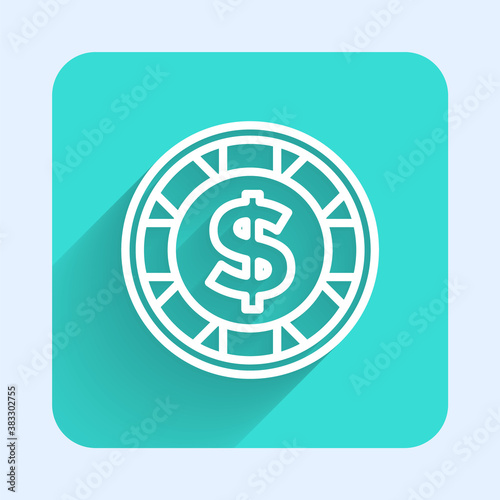 White line Casino chip with dollar symbol icon isolated with long shadow. Casino gambling. Green square button. Vector.