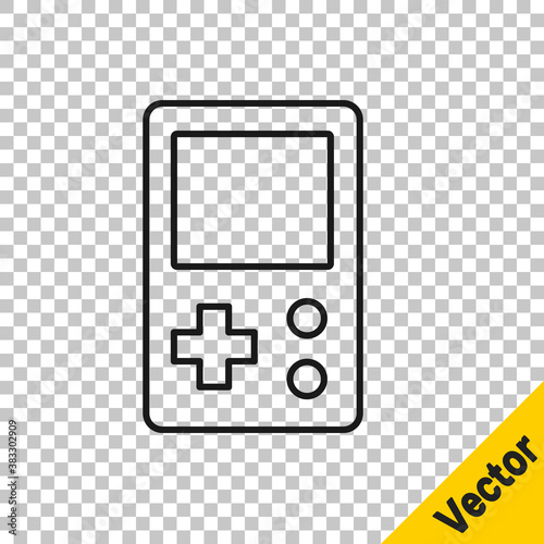 Black line Portable tetris electronic game icon isolated on transparent background. Vintage style pocket brick game. Interactive playing device. Vector.