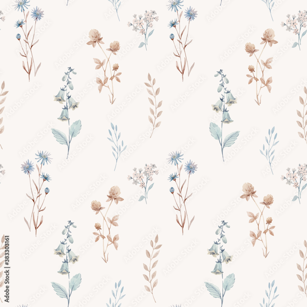 Fototapeta premium Beautiful vector seamless floral pattern with watercolor autumn fall flowers. Stock illustration.
