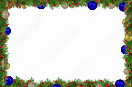Decorative frame of spruce branches and colorful New Year's decoration around the edges.