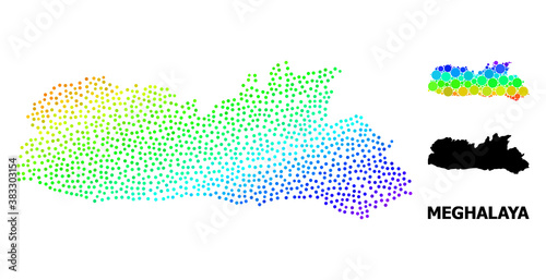Dot bright spectral, and monochrome map of Meghalaya State, and black text. Vector structure is created from map of Meghalaya State with spheres. Abstraction is useful for geographic ads.