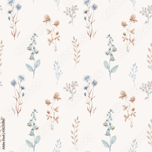 Beautiful vector seamless floral pattern with watercolor autumn fall flowers. Stock illustration.