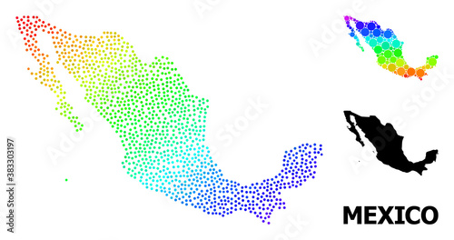 Dot spectral, and solid map of Mexico, and black title. Vector structure is created from map of Mexico with spheres. Illustration is useful for political ads. Bright gradient map of Mexico,