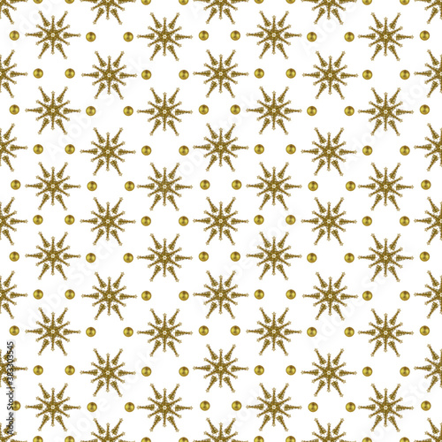 Seamless pattern, stars collected from gold, decorated Christmas trees on a white background.