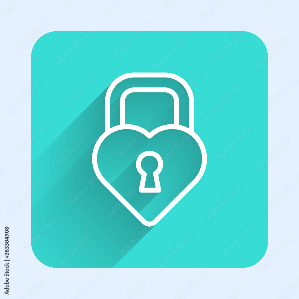 White line Castle in the shape of a heart icon isolated with long shadow. Locked Heart. Love symbol and keyhole sign. Green square button. Vector. White line Castle in the shape of a heart icon isolated with long shadow. Locked Heart. Love symbol and keyhole sign. Green square button. Vector.