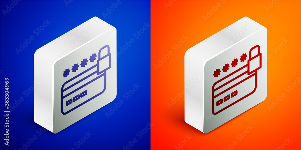 Isometric line Credit card with lock icon isolated on blue and orange background. Locked bank card. Security, safety, protection. Concept of a safe payment. Silver square button. Vector. Isometric line Credit card with lock icon isolated on blue and orange background. Locked bank card. Security, safety, protection. Concept of a safe payment. Silver square button. Vector.