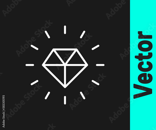 White line Diamond icon isolated on black background. Jewelry symbol. Gem stone. Vector.