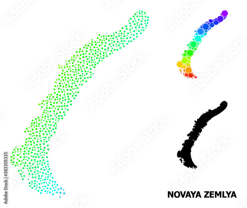 Dotted rainbow gradient, and monochrome map of Novaya Zemlya Islands, and black tag. Vector model is created from map of Novaya Zemlya Islands with round dots. photo