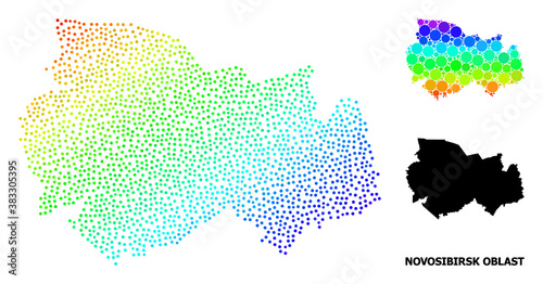 Dotted bright spectral, and monochrome map of Novosibirsk Region, and black title. Vector structure is created from map of Novosibirsk Region with round dots. Collage is useful for geographic posters.