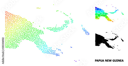 Pixel spectrum, and solid map of Papua New Guinea, and black text. Vector structure is created from map of Papua New Guinea with round dots. Illustration designed for political ads. photo