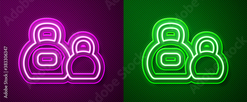 Glowing neon line Kettlebell icon isolated on purple and green background. Sport equipment. Vector.