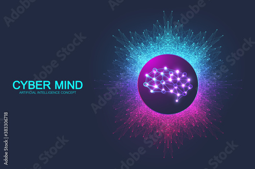 Cyber mind and Artificial Intelligence concept. Neural networks and another modern technologies concept. Brain Analysis. Futuristic cyber humanoid brain. Big Data stream. Technology vector brain
