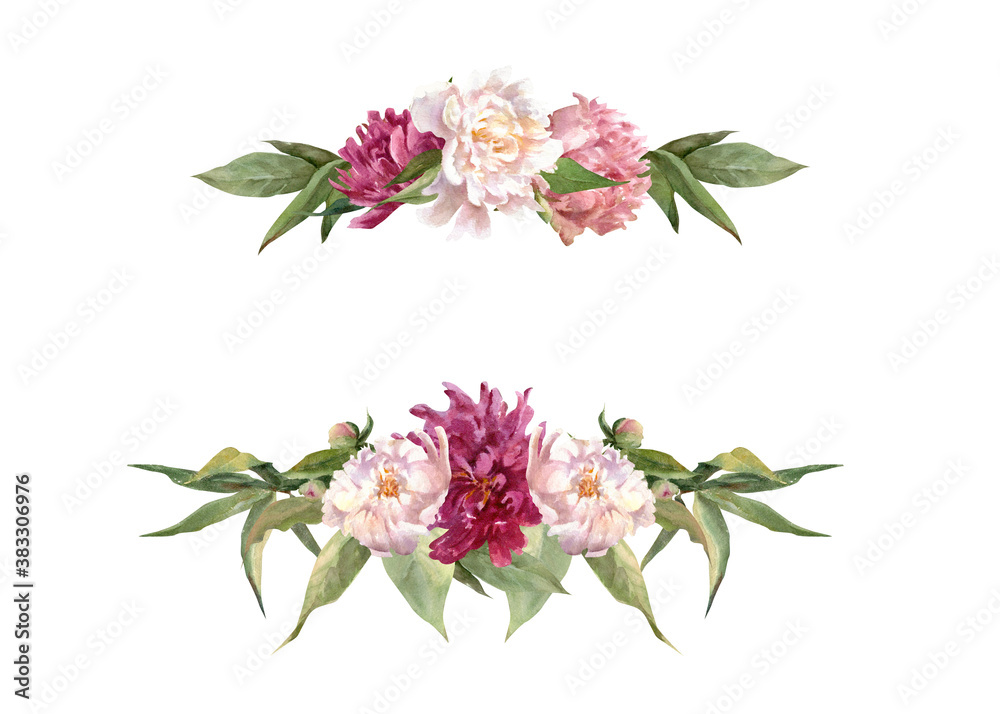 watercolor flower arrangement, frame, wreath with flowers and leaves of peonies