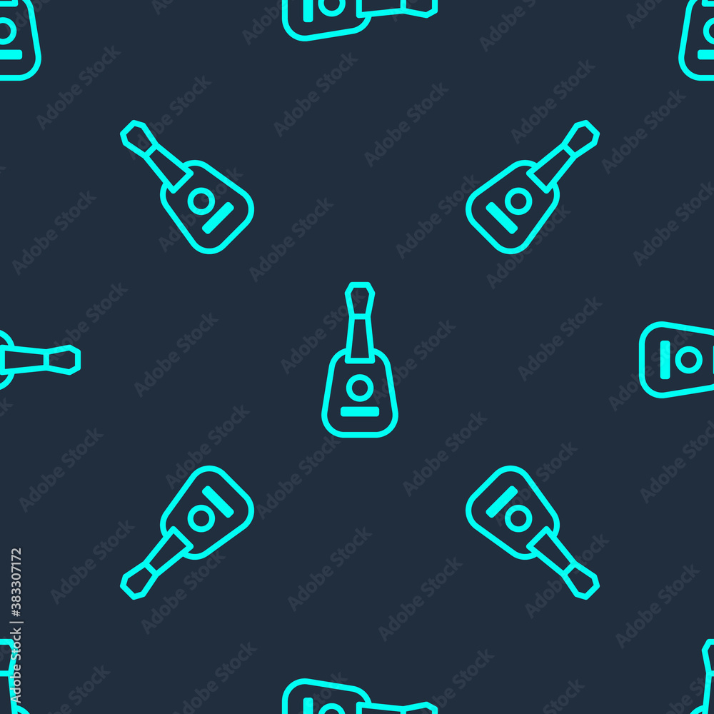 Green line Guitar icon isolated seamless pattern on blue background. Acoustic guitar. String musical instrument. Vector. Green line Guitar icon isolated seamless pattern on blue background. Acoustic guitar. String musical instrument. Vector.