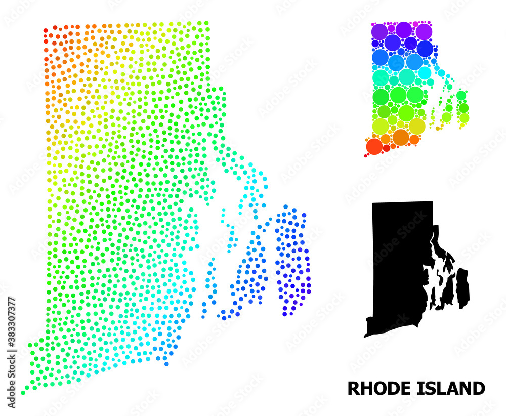 Pixelated bright spectral, and monochrome map of Rhode Island State, and black tag. Vector model is created from map of Rhode Island State with round dots.