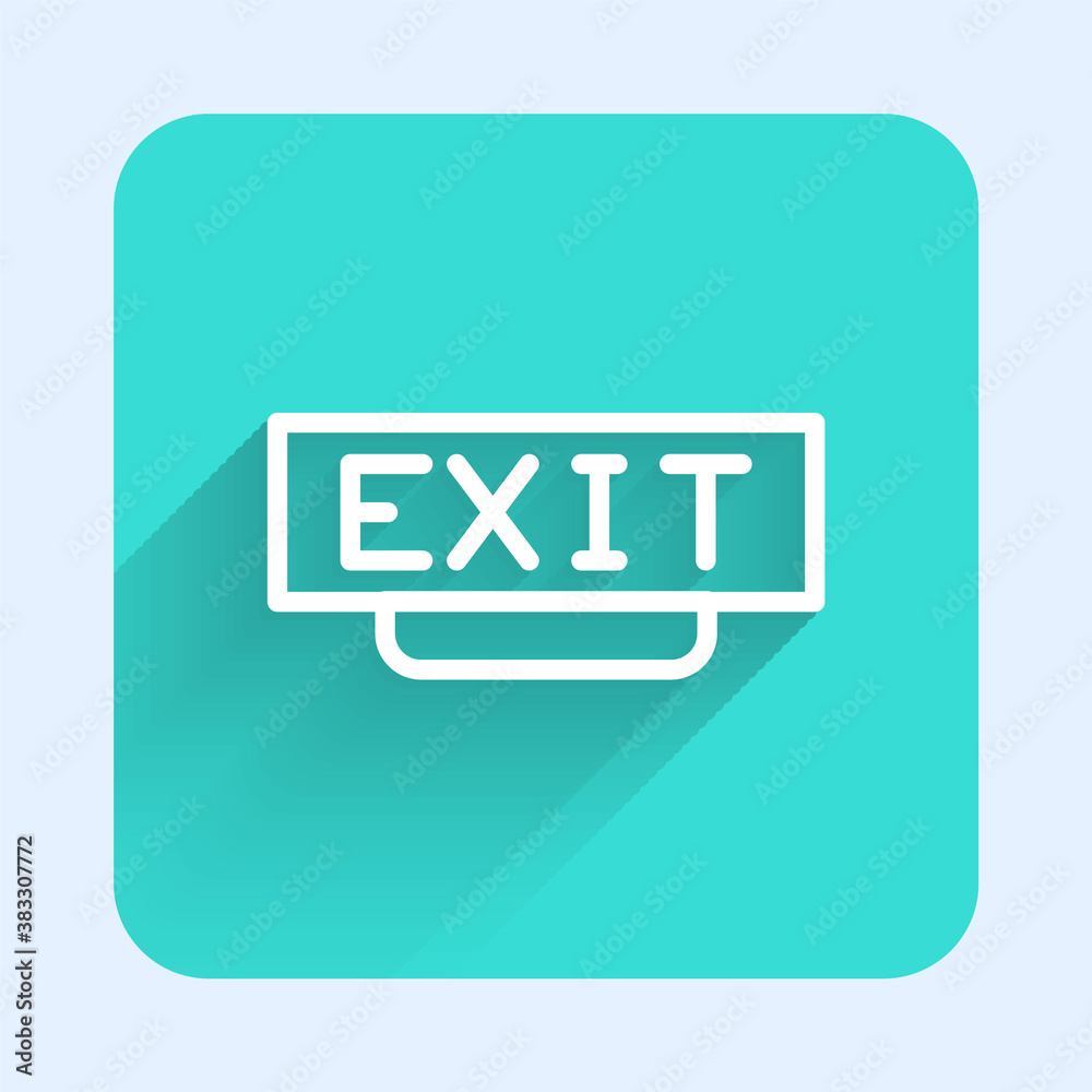 White line Fire exit icon isolated with long shadow. Fire emergency icon. Green square button. Vector. White line Fire exit icon isolated with long shadow. Fire emergency icon. Green square button. Vector.