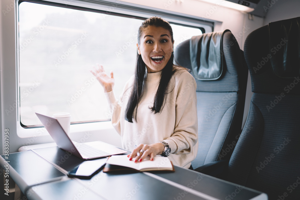 Positive female passenger  with laptop in train